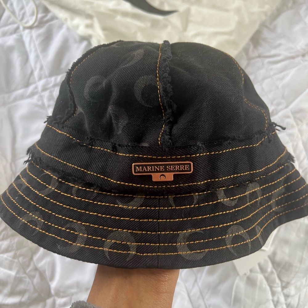 Marine Serre Black Bucket Hat with Brown Stitching